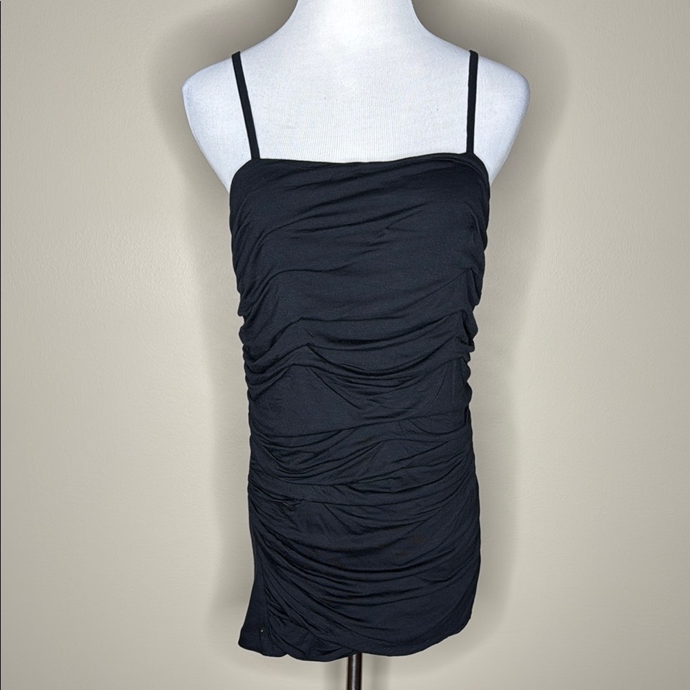 Express womens spaghetti strap black blouse ruffled front size L.